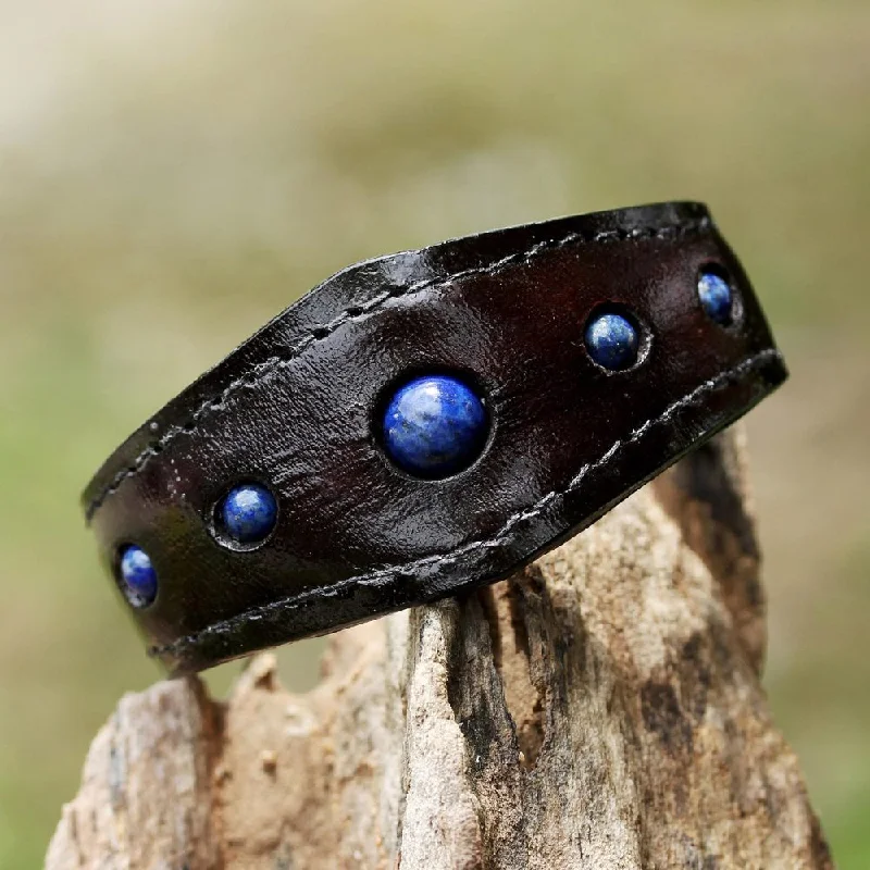 Lily motif bangles-Handmade Leather 'Power Blue' Lapis Lazuli Bracelet (Thailand)