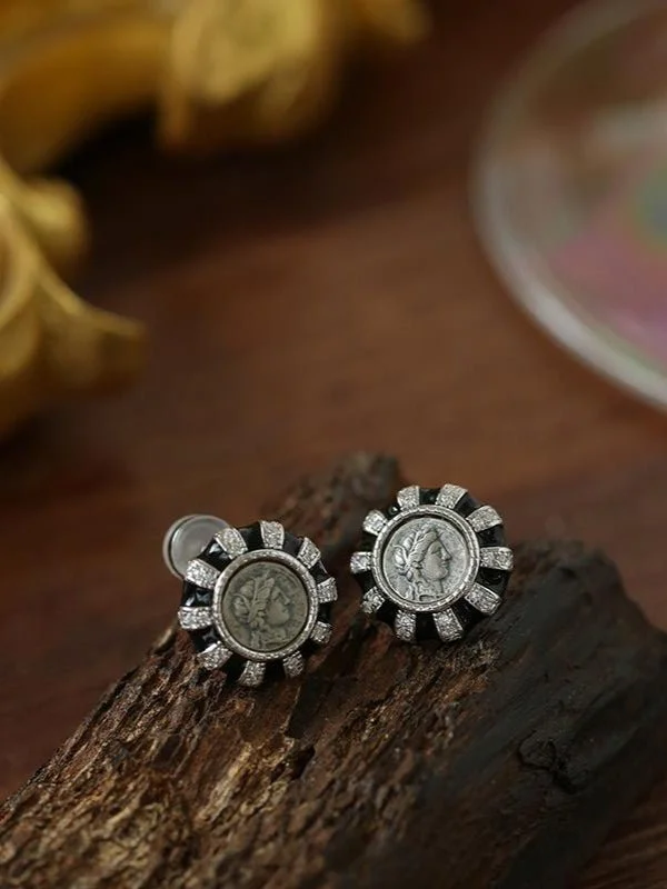 Silk fringe earrings-Ancient Greek Retro 925 Silver Coin Stud Earrings-Type K