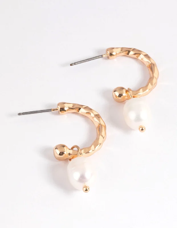 Victorian style earrings-Gold Freshwater Pearl Textured Hoop Earrings