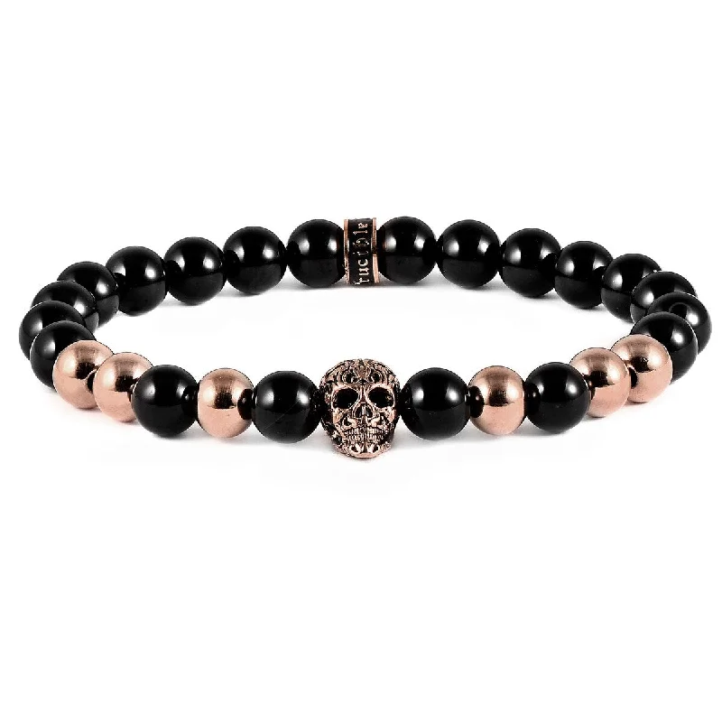 Chunky cuff bangles-Stainless Steel Skull and Onyx Stone Beaded Stretch Bracelet (8mm)