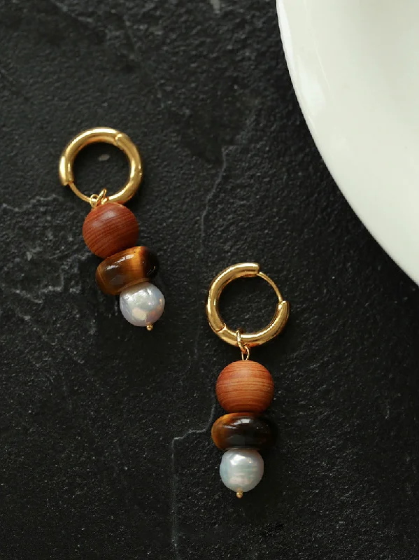 Deco style earrings-Primeval Forest Nature's Wood Bead Pearl Drop Earring