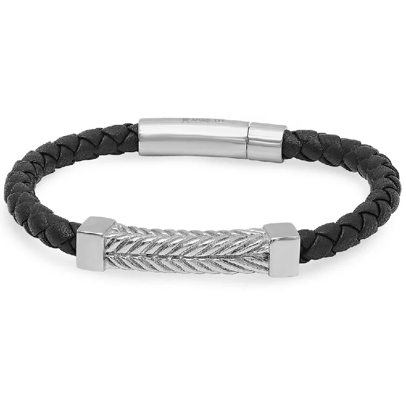 Tiny stack bangles-Oxford Ivy Braided Black Leather Fashion Bracelet with Locking Stainless Steel Clasp ( 8 1/2 inches)