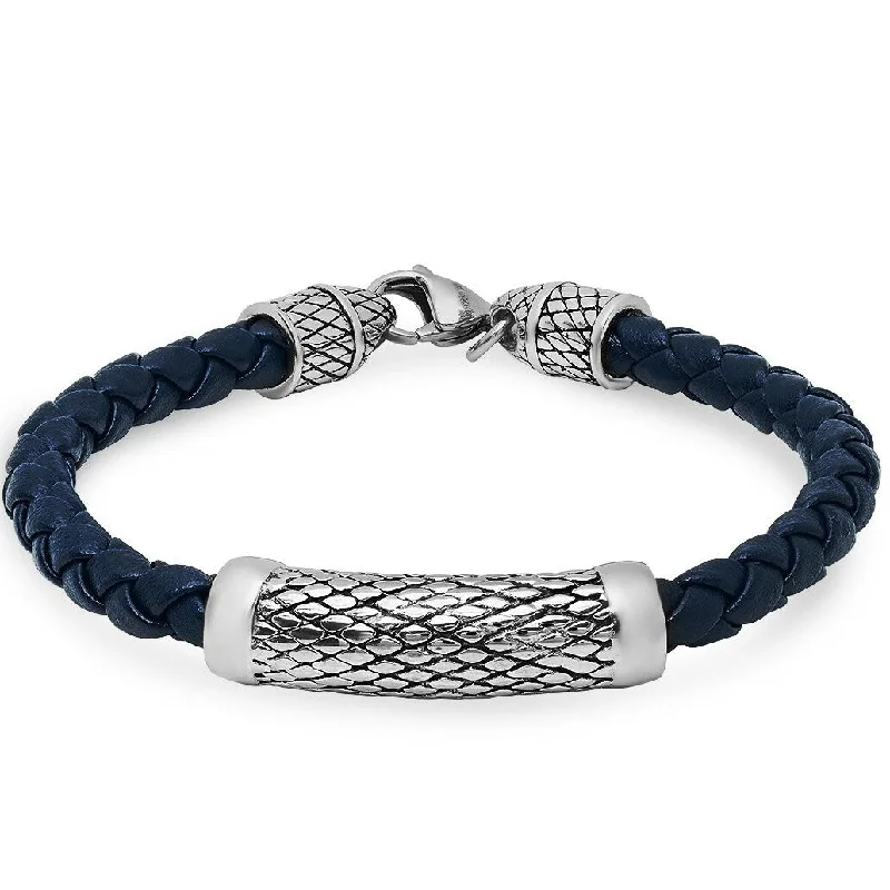 Whimsical bangles-Oxford Ivy Braided Navy Blue Leather Bracelet with Lobster Claw Clasp ( 8 3/4 inches)