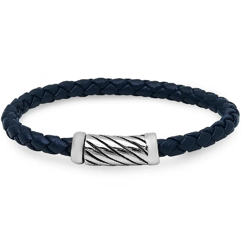 Oval gem bangles-Oxford Ivy Braided Navy Leather Bracelet with Magnetic Stainless Steel Clasp ( 8 3/4 inches)