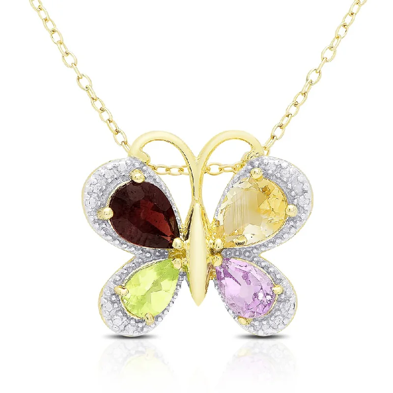 Dove feather necklaces-Dolce Giavonna Gold Over Silver Multi Gemstone and Diamond Accent Butterfly Necklace