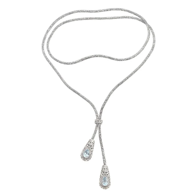 Spring clasp necklaces-NOVICA Celuk Tears, Blue topaz lariat necklace