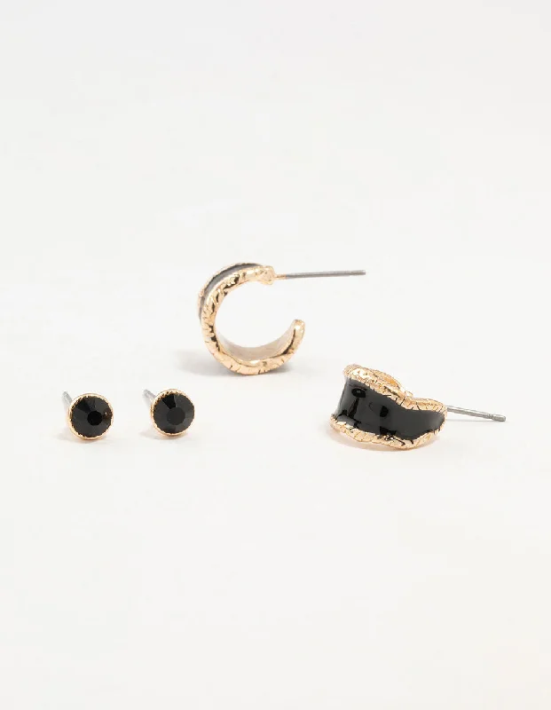 Thick hoop earrings-Gold Black Diamante Stud & Hoop Earrings 2-Pack