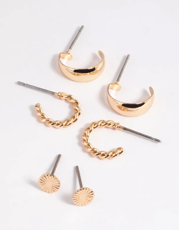 Silk fringe earrings-Gold Plain & Twist Stud Earring Pack