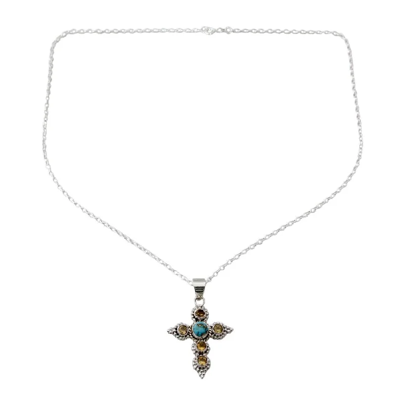 Pixie wing necklaces-Handmade Citrine Cross Necklace, 'Divine Harmony' (India)