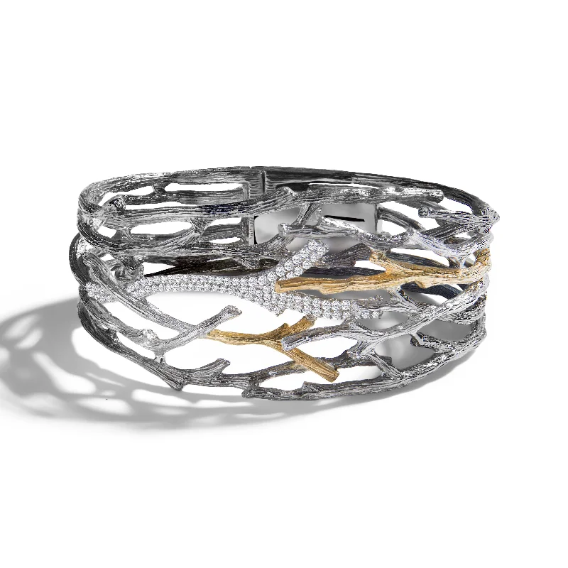 Gloss finish bangles-Enchanted Forest Cuff Bracelet with Diamonds - Black Rhodium - Gold