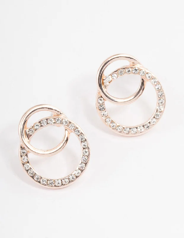 Rough texture earrings-Rose Gold Diamante & Plain Circle Stud Earrings