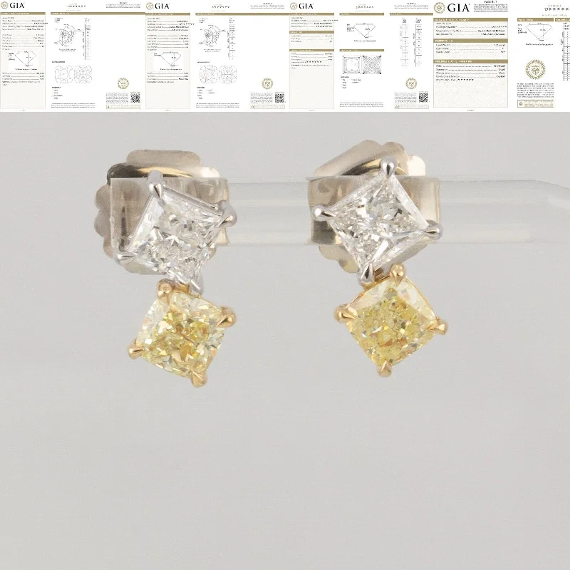 Vintage flair earrings-GIA 14k White / Yellow Gold Square & Cushion Diamond Stud Earrings 4.18ctw