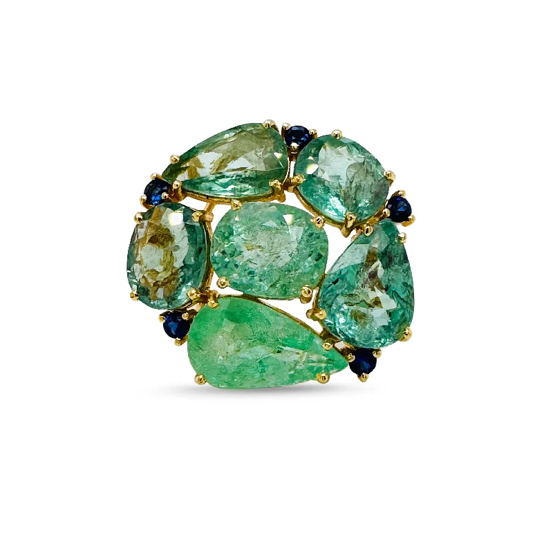 Paraiba Tourmaline Mix Shape & Blue Sapphire Rd. Ring In 18K Yellow Gold