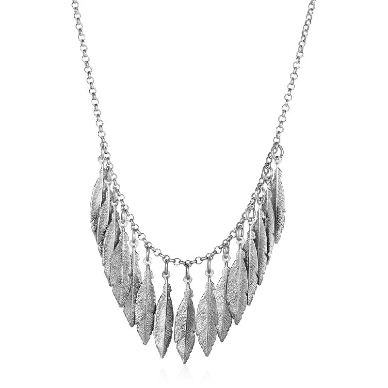 Tide shape necklaces-Necklace with Multiple Textured Leaf Drops in Sterling Silver