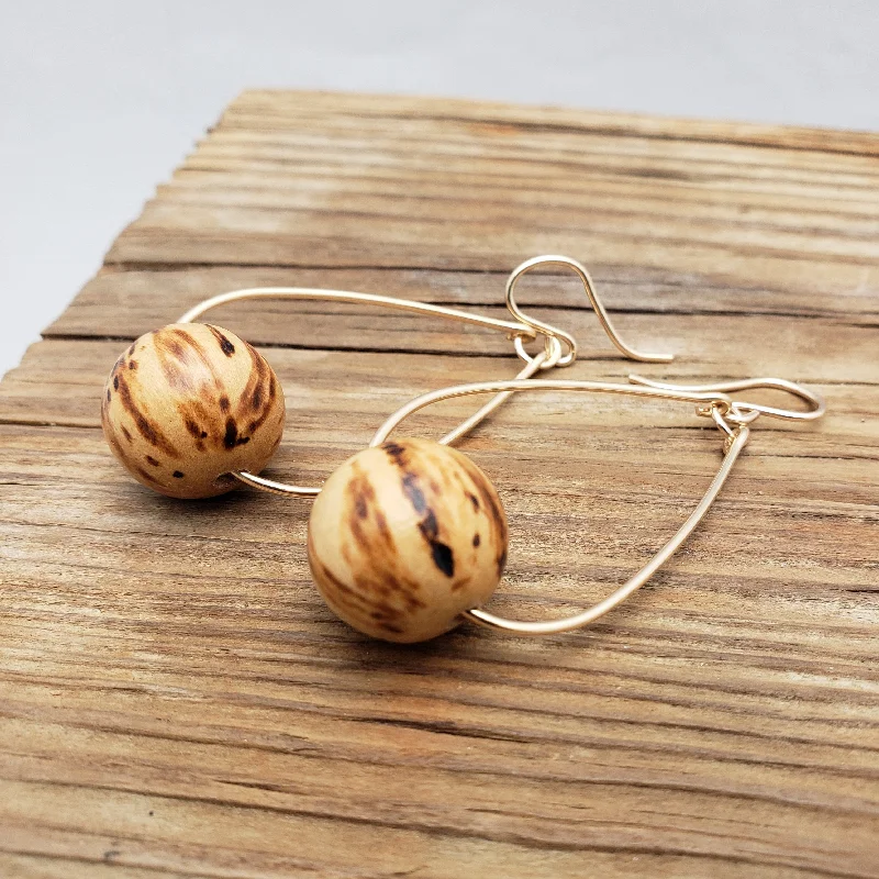 Tiny star earrings-Wooden Ball Oval Hoops