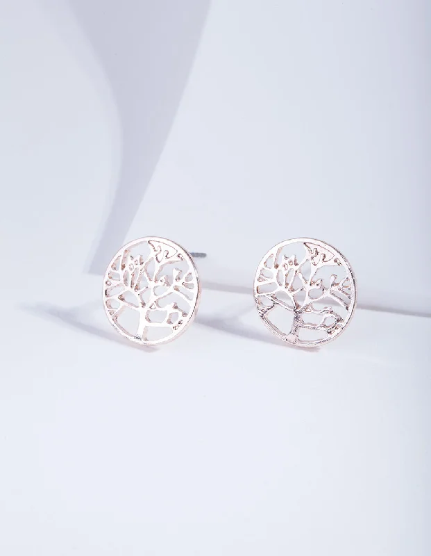 Wide hoop earrings-Rose Gold Tree Of Life Stud Earrings