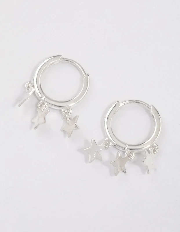 Retro clip earrings-Sterling Silver Trio Star Huggie Earrings