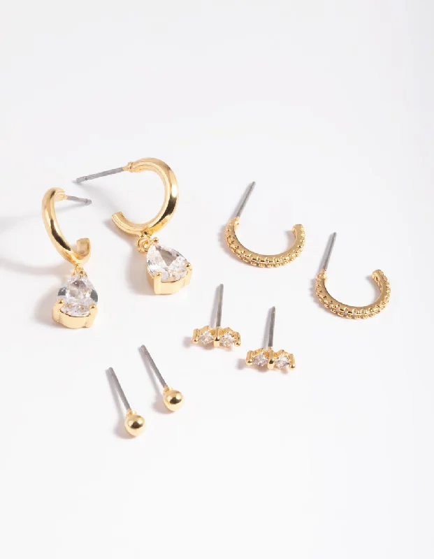 Pure crystal earrings-Gold Plated Cubic Zirconia Dainty Earring Pack