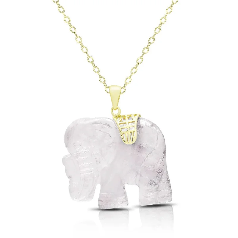 Thin filigree necklaces-Dolce Giavonna Gold Over Silver Carved Rose Quartz Elephant Necklace