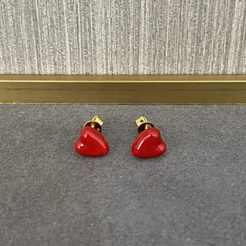 Swirl shape earrings-Enamel Red Heart Stud Earrings