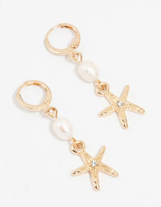 Bamboo style earrings-Gold Pearl Starfish Huggie Drop Earrings