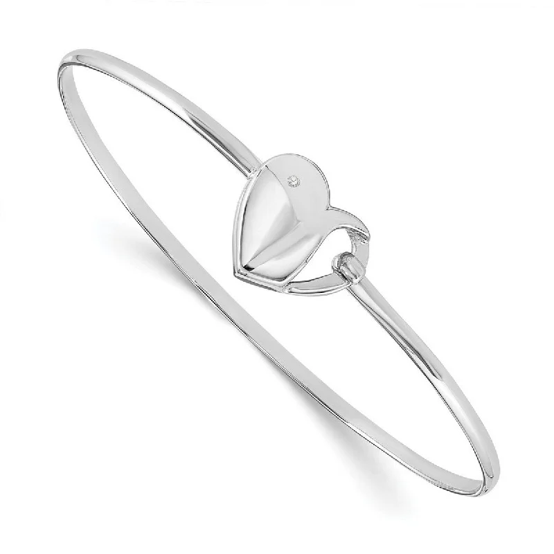 Polished bead bangles-Curata 925 Sterling Silver Polished Hook clasp White Ice .01ct. Diamond Love Heart Cuff Stackable Bangle Bracelet