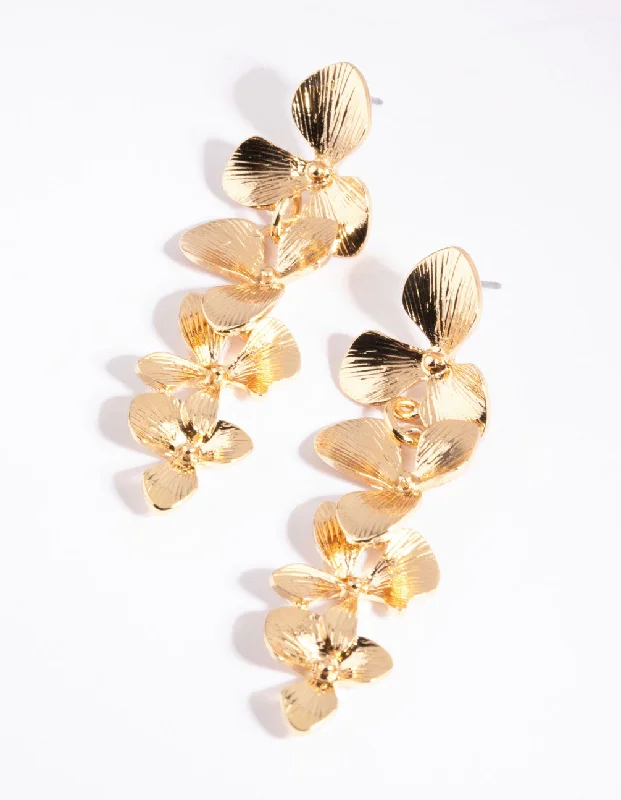 Polished gold earrings-Gold Flower Drop Earrings