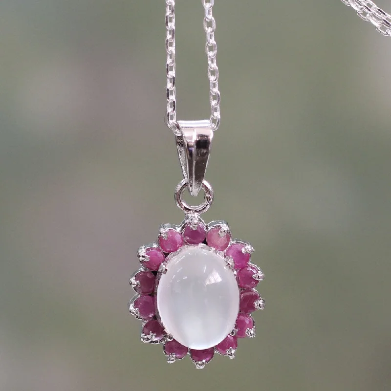 Aged pendant necklaces-Handmade Sterling Silver Love and Devotion Ruby Moonstone Necklace (India) - 7'6" x 9'6"