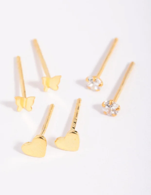 Tide drop earrings-Gold Plated Sterling Silver Heart & Butterfly Stud Earring Pack