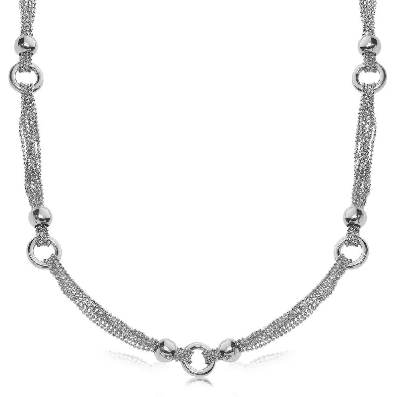 Floating gem necklaces-Sterling Silver Rhodium Plated Multi Strand Bead Chain Necklace with Ring Motifs