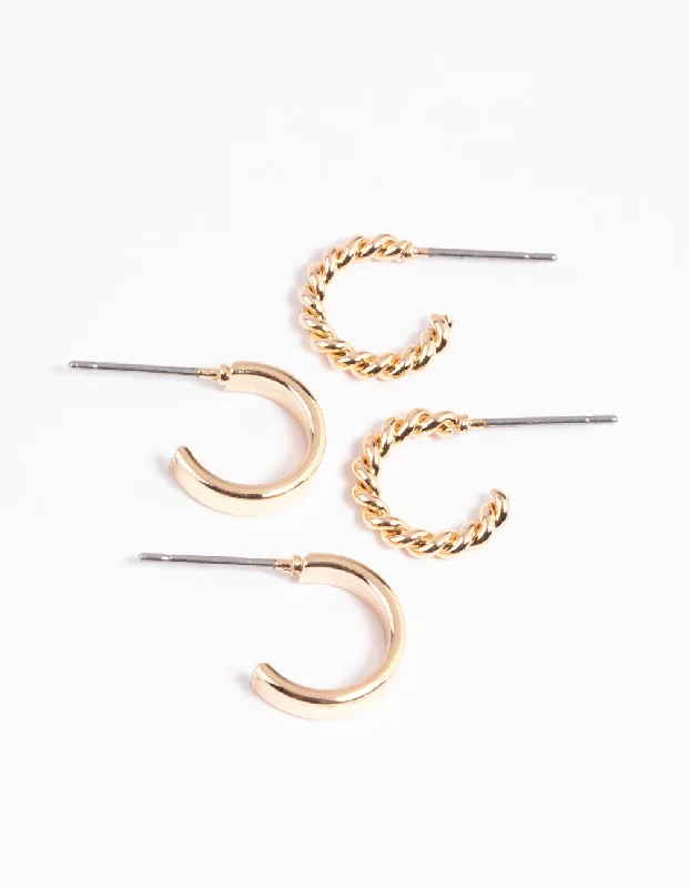 Wide statement earrings-Gold Twisted Hoop Earring Set