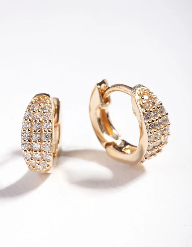 Bold cuff earrings-Gold Plated Sterling Silver Statement Pave Huggie Earrings