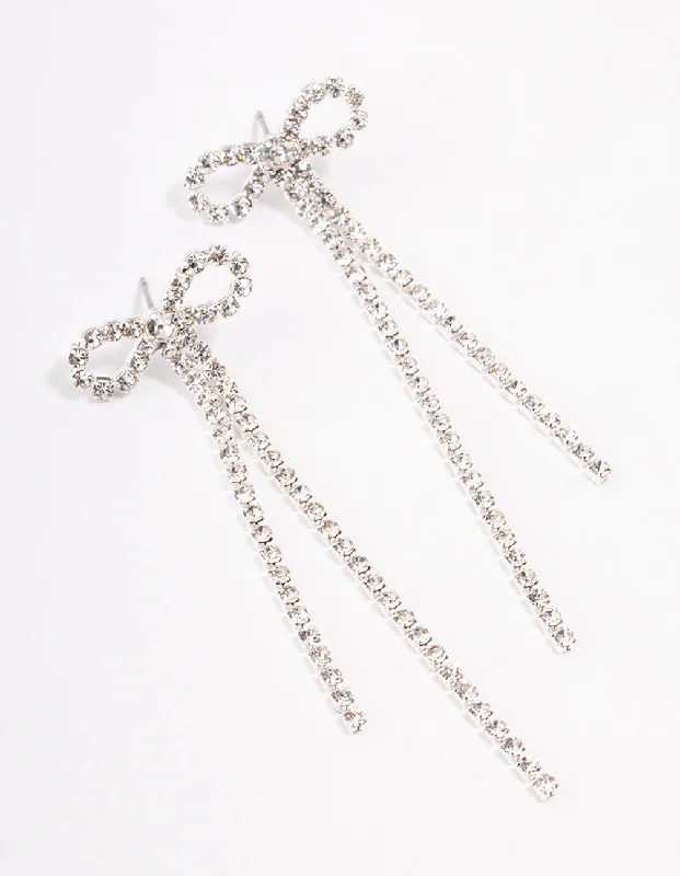 Silk cord earrings-Silver Diamante Cupchain Bow Drop Earrings