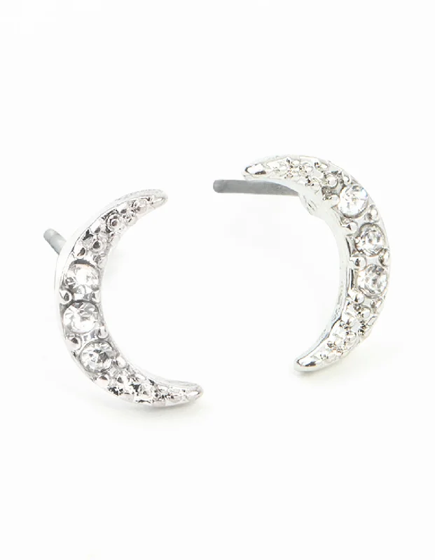 Wave design earrings-Silver Diamante Cresent Stud Earrings