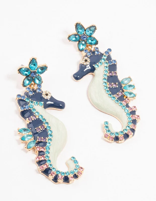 Java tile earrings-Blue Sea Horse Drop Earrings