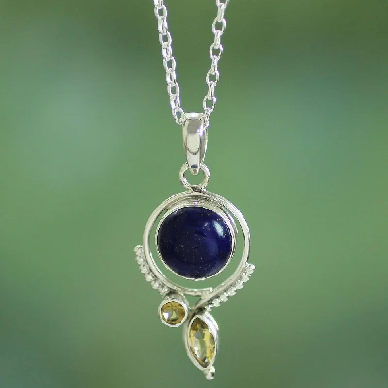 Stretch cord necklaces-Handmade Sterling Silver 'Enigmatic Glow' Lapis Lazuli Citrine Necklace (India) - 7'6" x 9'6"