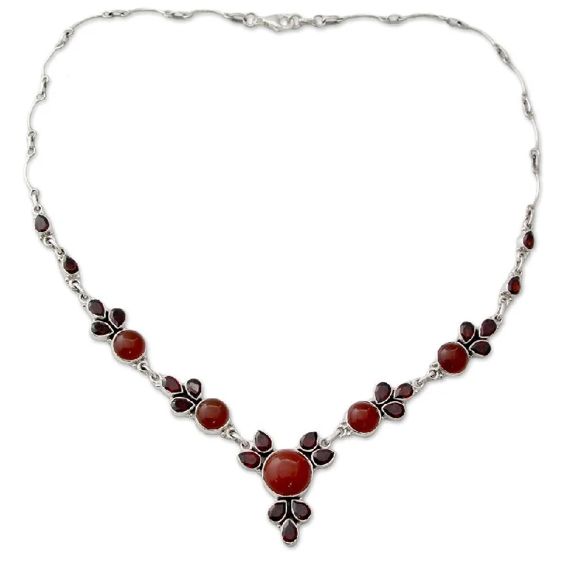 Oval gem necklaces-Handmade Rosy Blossom Garnet and Carnelian Pendant Necklace (India) - 7'6" x 9'6"