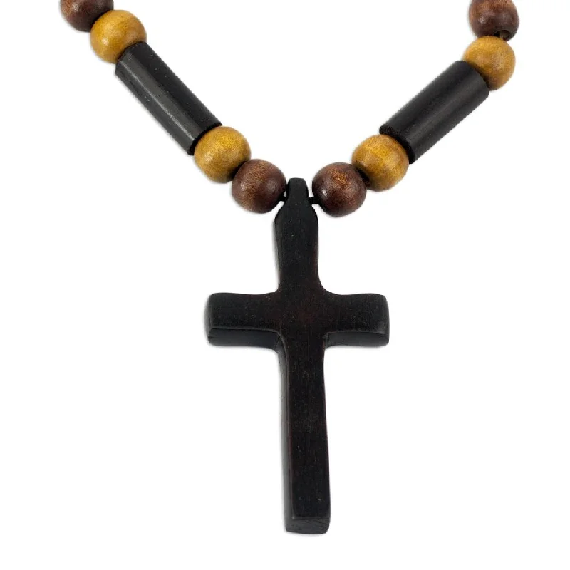 Patina bronze necklaces-Handmade Ebony and Bamboo Pendant Necklace, 'African Cross' (Ghana)