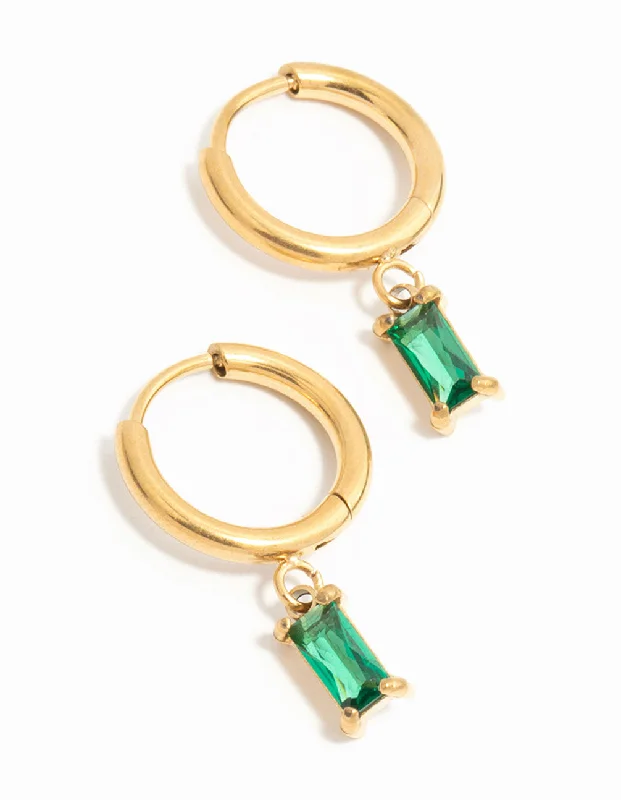 Bamboo style earrings-Waterproof Gold Plated Stainless Steel Green Baguette Huggie Earrings