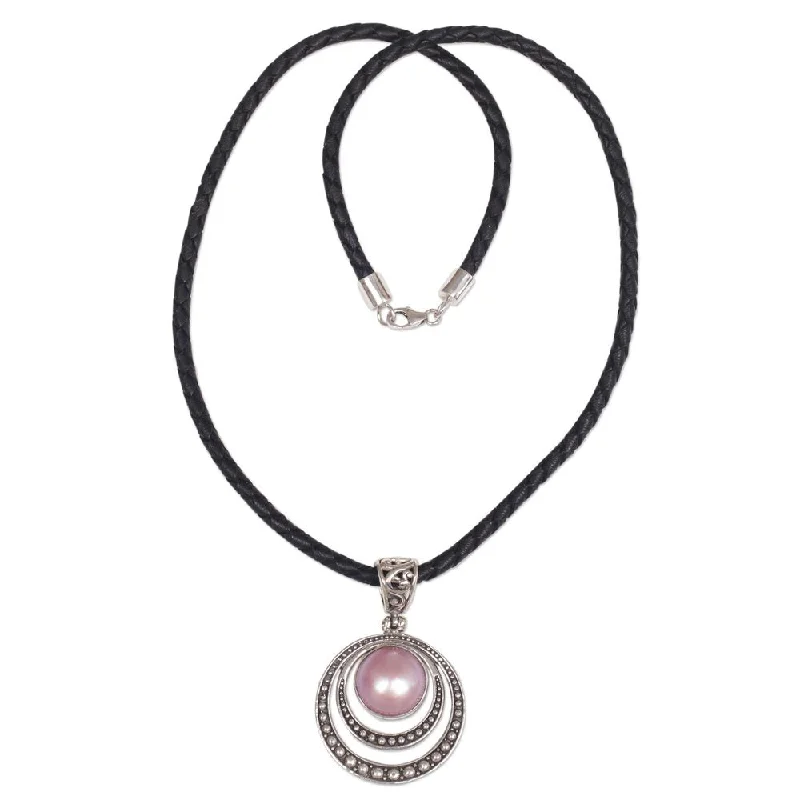 Linen cord necklaces-Handmade Cultured Mabe Pearl Pendant Necklace, 'Crescent Gleam in Pink' (Indonesia) - 7'6" x 9'6"