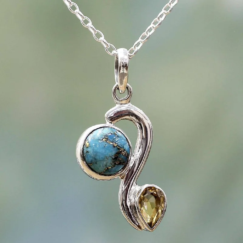 Stellar star necklaces-Handmade Sterling Silver 'Sparkling Planet' Citrine Turquoise Necklace (India)