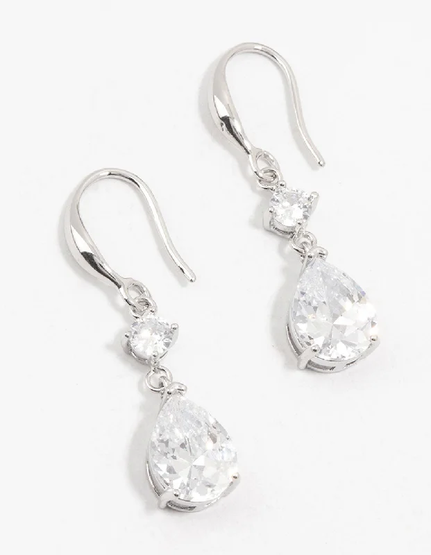 Smooth stud earrings-Silver Cubic Zirconia Hook Drop Earrings