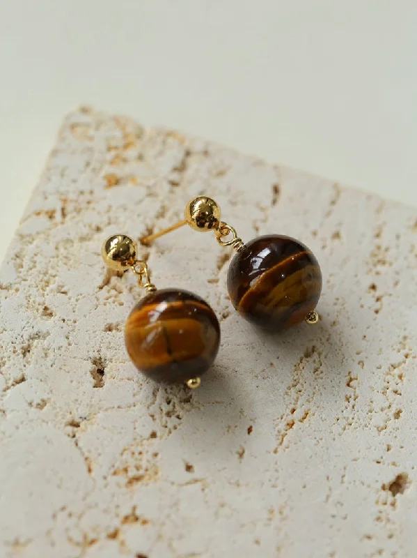 Thin pearl earrings-Tiger's Eye Stone Drop Earrings