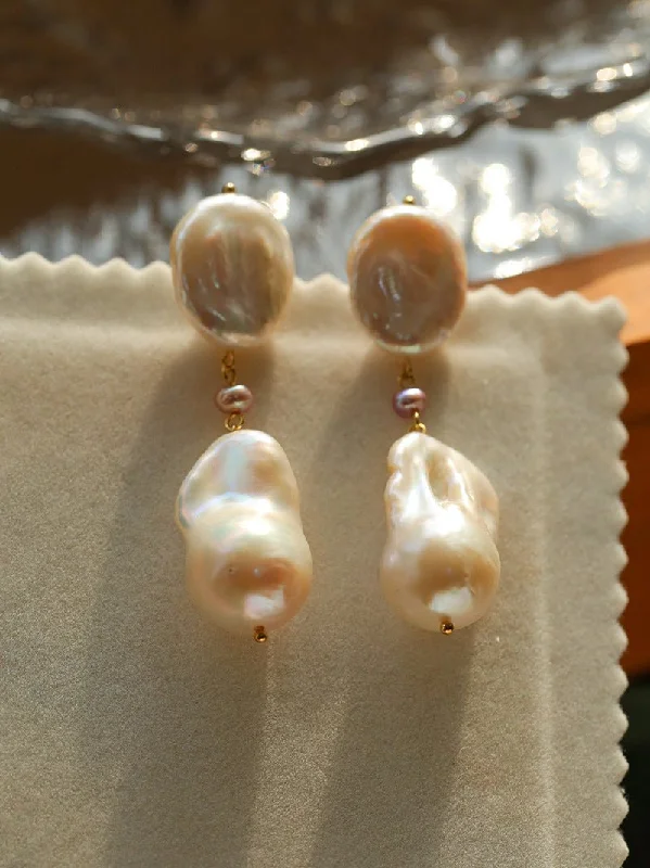 Thin threader earrings-Pink Accent Baroque Pearl Trio Drop Earrings