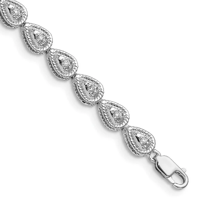 Dove motif bangles-Curata 925 Sterling Silver Polished Lobster Claw Closure Rhodium Plated Diamond Teardrop Link Bracelet