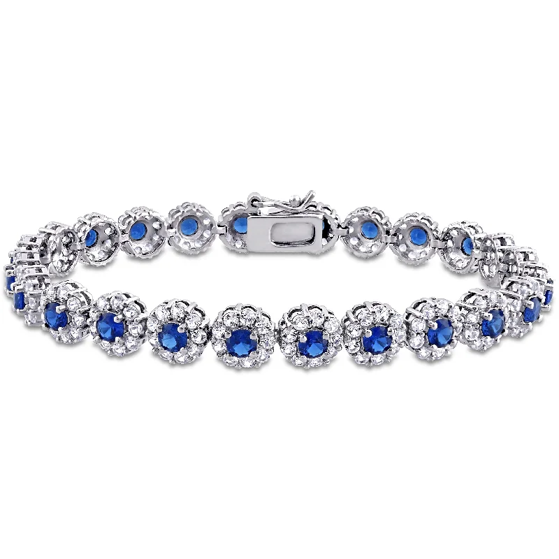 Victorian style bangles-11-1/3ct TGW Created Blue and White Sapphire Halo Floral Tennis Bracelet in Sterling Silver by Miadora - 7 in x 7.5 mm x 3 mm