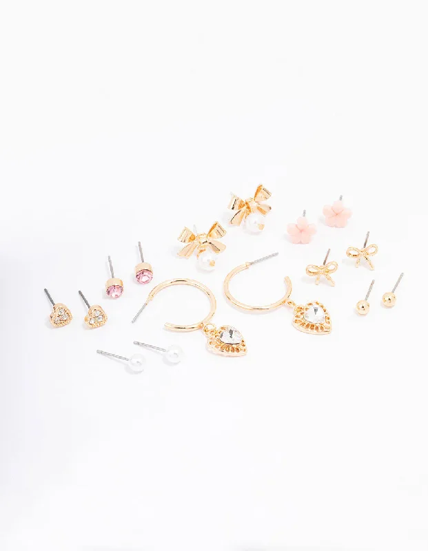 Vivid druzy earrings-Gold Bow Flower & Pearl Earring 8-Pack