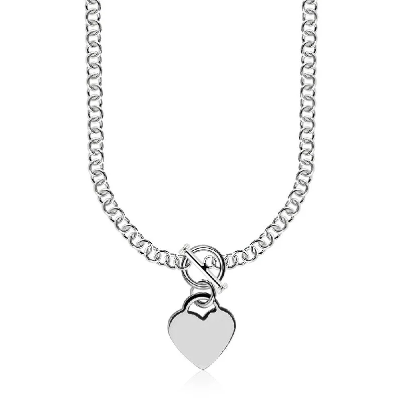 Quartz healing necklaces-Sterling Silver Rhodium Plated Rolo Chain Necklace with a Heart Toggle Charm