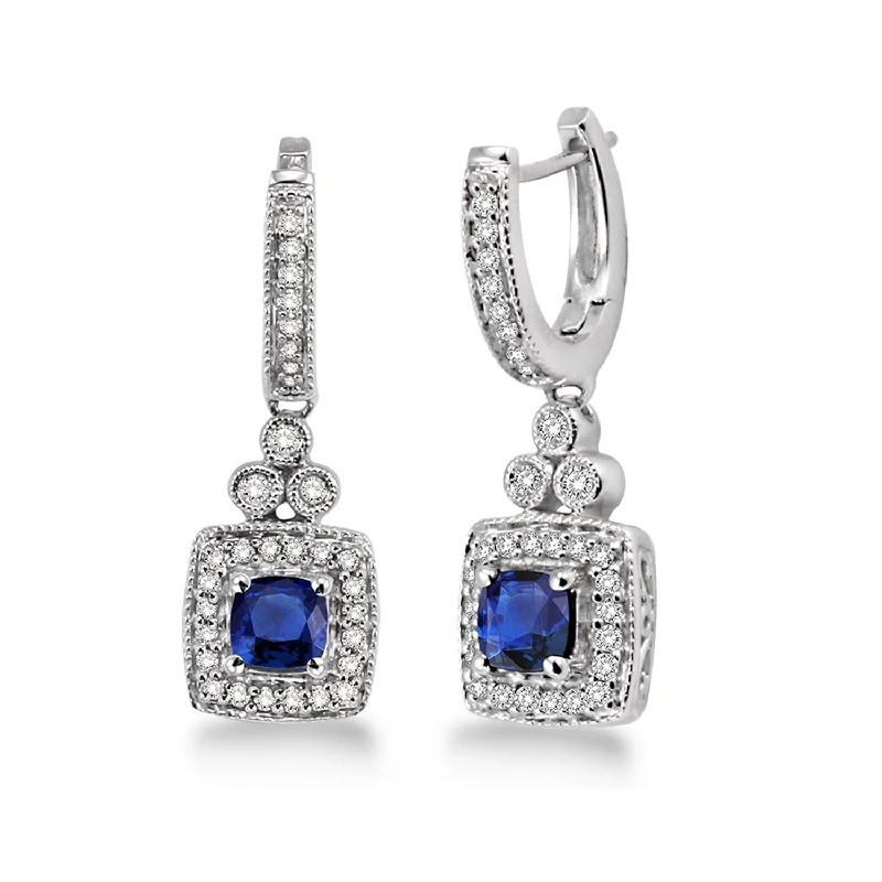 Victorian style earrings-Genuine Sapphire & Diamond Earrings