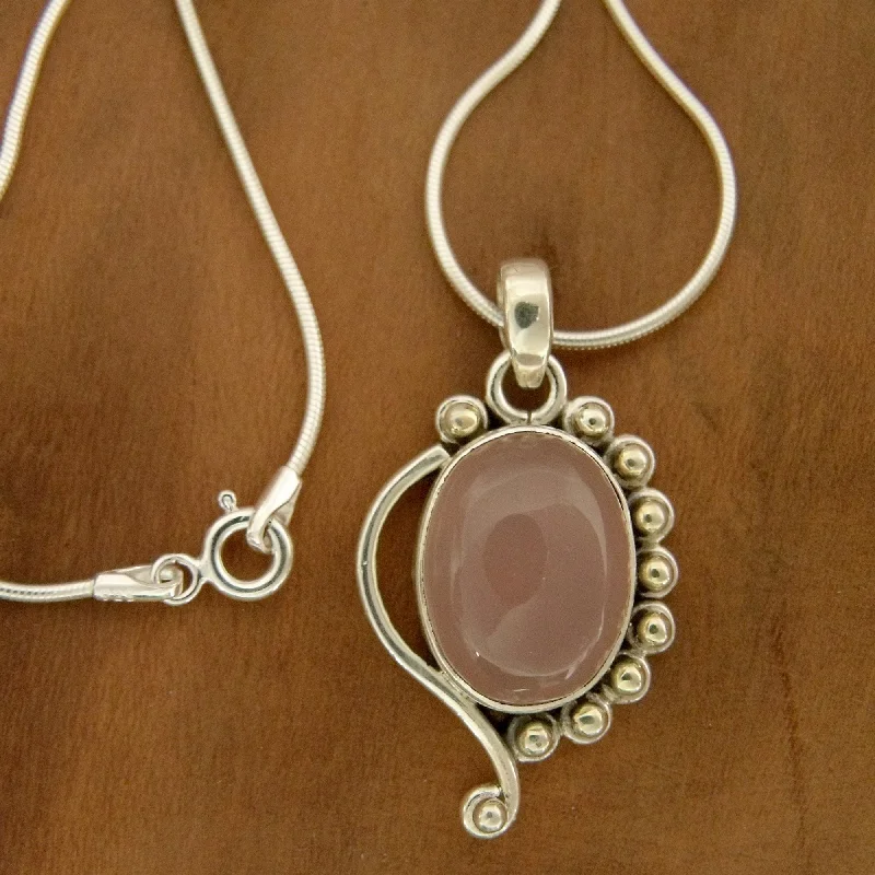 Round stone necklaces-Sterling Silver 'Delhi Romance' Rose Quartz Necklace